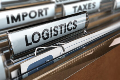 Close up on a file tab with the word logistics, focus on the main text and blur effect. Concept image for illustration of supply chain management.