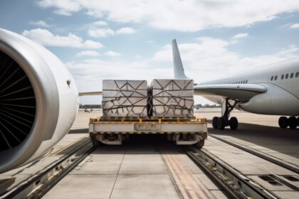 aluminum ingot being transported on cargo plane to factory, created with generative ai